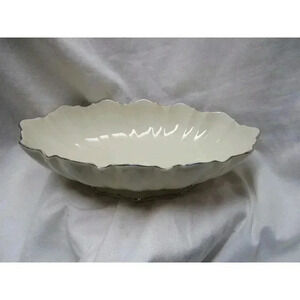 Lenox Symphony Oval Scalloped Fluted Footed Serving Bowl Platinum Trim USA